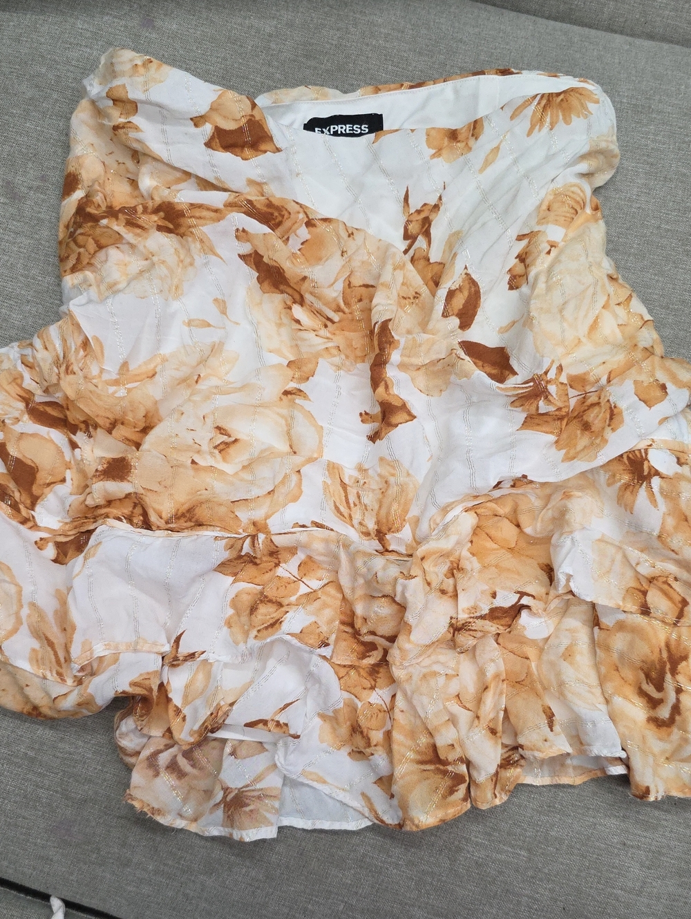 Express White & Gold Metallic Stripe Tiered Ruffle Floral Mini Skirt - XL